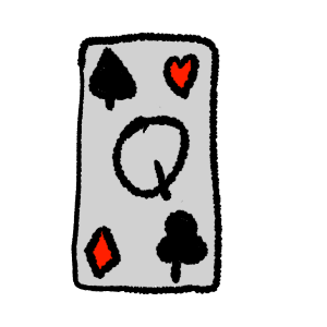 black outlines, a card with a black spade in the top left corner, red heart in the top right, red diamond in the bottom left, black club in the bottom right and a black Q in the middle